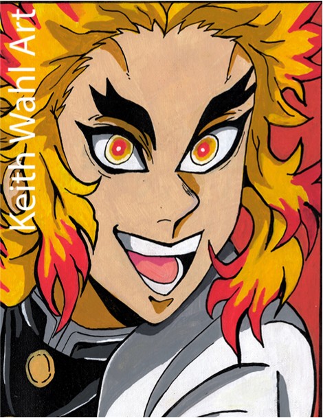 Kyojuro Rengoku, 9" x 12" canvas panel portrait